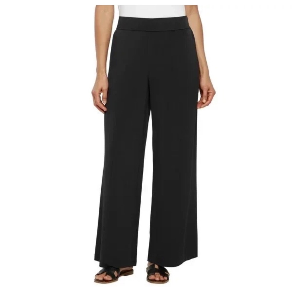 Three Dots Womens Black Wide Leg Pull On Pants XL High Rise Side Pockets Classic